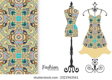 Vector fashion illustration. Vintage tailor dummy, dress model, colorful seamless pattern for textile fabric, paper print, invitation, business card design. Boho style isolated clothes collection
