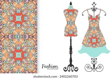 Vector fashion illustration. Vintage tailor dummy, dress model, colorful seamless pattern for textile fabric, paper print, invitation, business card design. Boho style isolated clothes collection