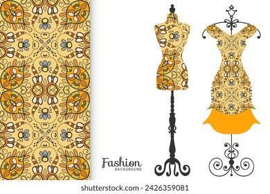 Vector fashion illustration. Vintage tailor dummy, dress model, colorful seamless pattern for textile fabric, paper print, invitation, business card design. Boho style isolated clothes collection