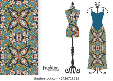 Vector fashion illustration. Vintage tailor dummy, dress model, colorful seamless pattern for textile fabric, paper print, invitation, business card design. Boho style isolated clothes collection