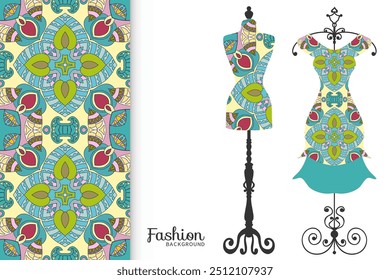 Vector fashion illustration. Vintage tailor dummy, dress model, colorful seamless pattern for textile fabric, paper print, invitation, business card design. Boho style isolated clothes collection