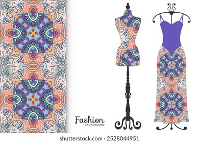 Ilustración de moda de Vector. Antiguas tailor dummy, modelo de vestido, patrón transparente colorido para tela textil, impresión de papel, invitación, diseño de tarjeta de visita. Colección de ropa aislada de estilo boho