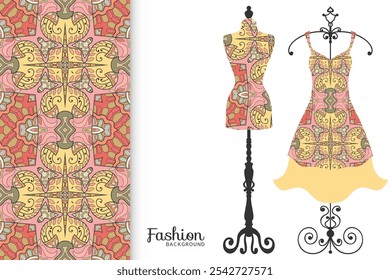 Vector fashion illustration. Vintage tailor dummy, dress model, colorful seamless pattern for textile fabric, paper print, invitation, business card design. Boho style isolated clothes collection