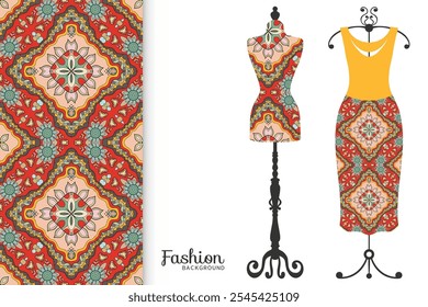 Ilustración de moda de Vector. Antiguas tailor dummy, modelo de vestido, patrón transparente colorido para tela textil, impresión de papel, invitación, diseño de tarjeta de visita. Colección de ropa aislada de estilo boho