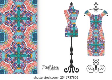 Ilustración de moda de Vector. Antiguas tailor dummy, modelo de vestido, patrón transparente colorido para tela textil, impresión de papel, invitación, diseño de tarjeta de visita. Colección de ropa aislada de estilo boho