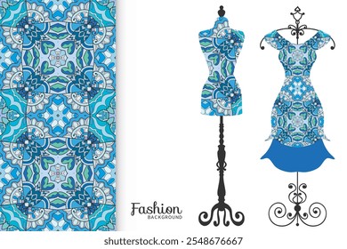 Ilustración de moda de Vector. Antiguas tailor dummy, modelo de vestido, patrón transparente colorido para tela textil, impresión de papel, invitación, diseño de tarjeta de visita. Colección de ropa aislada de estilo boho