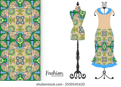 Ilustración de moda de Vector. Antiguas tailor dummy, modelo de vestido, patrón transparente colorido para tela textil, impresión de papel, invitación, diseño de tarjeta de visita. Colección de ropa aislada de estilo boho