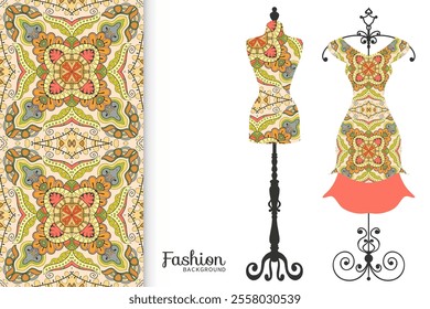 Vector fashion illustration. Vintage tailor dummy, dress model, colorful seamless pattern for textile fabric, paper print, invitation, business card design. Boho style isolated clothes collection