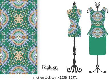 Vector fashion illustration. Vintage tailor dummy, dress model, colorful seamless pattern for textile fabric, paper print, invitation, business card design. Boho style isolated clothes collection