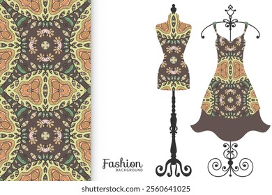 Vector fashion illustration. Vintage tailor dummy, dress model, colorful seamless pattern for textile fabric, paper print, invitation, business card design. Boho style isolated clothes collection