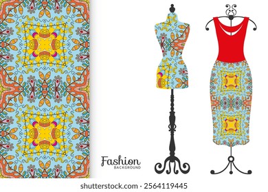 Vector fashion illustration. Vintage tailor dummy, dress model, colorful seamless pattern for textile fabric, paper print, invitation, business card design. Boho style isolated clothes collection