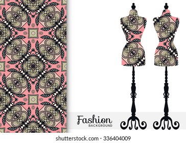 Vector fashion illustration, vintage tailor's dummy for female body, hand drawn seamless floral geometric pattern, isolated elements for invitation card design, repeating fabric texture