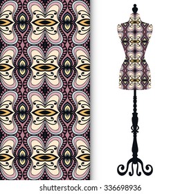 Vector fashion illustration, vintage tailor's dummy for female body, hand drawn seamless floral geometric pattern, isolated elements for invitation card design, repeating fabric texture