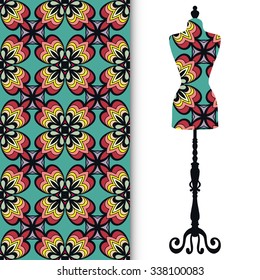 Vector fashion illustration, vintage tailor's dummy for female body, hand drawn seamless floral geometric pattern, isolated elements for invitation card design, repeating fabric texture