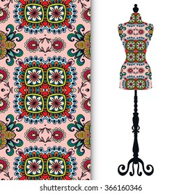 Vector fashion illustration, vintage tailor's dummy for female body, hand drawn seamless floral geometric pattern, isolated elements for invitation card design, repeating fabric texture