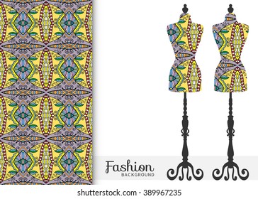 Vector fashion illustration, vintage tailor's dummy for female body and seamless floral geometric pattern, repeating texture. Isolated element for fabric print, scrapbook or invitation cards design.