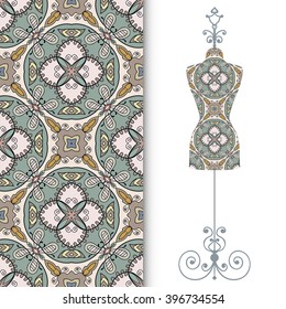 Vector fashion illustration, vintage tailor's dummy for female body and seamless floral geometric pattern, repeating texture. Isolated element for fabric print, scrapbook or invitation cards design.