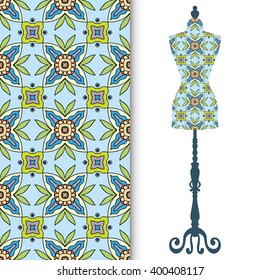 Vector fashion illustration, vintage tailor's dummy for female body and seamless floral geometric pattern, repeating texture. Isolated element for fabric print, scrapbook or invitation cards design.