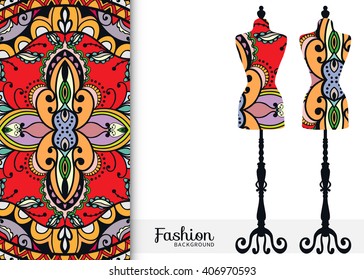 Vector fashion illustration, vintage tailor's dummy for female body, seamless floral geometric pattern, fabric repeating texture. Isolated element for fabric print, scrapbook, invitation cards design