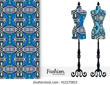 Vector fashion illustration, vintage tailor's dummy for female body, seamless floral geometric pattern, fabric repeating texture. Isolated element for fabric print, scrapbook, invitation cards design