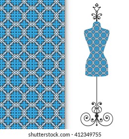 Vector fashion illustration, vintage tailor's dummy for female body and seamless geometric pattern, fabric repeating texture. Isolated element for fabric print, scrapbook, invitation cards design