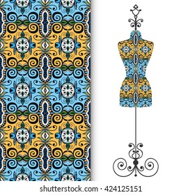 Vector fashion illustration, vintage tailor's dummy for female body, seamless floral geometric pattern, fabric repeating texture. Isolated element for fabric print, scrapbook, invitation cards design