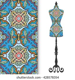 Vector fashion illustration, vintage tailor's dummy for female body, seamless floral geometric pattern, fabric repeating texture. Isolated element for fabric print, scrapbook, invitation cards design