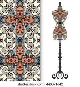 Vector fashion illustration, vintage tailor's dummy for female body, seamless floral geometric pattern, fabric repeating texture. Isolated element for fabric print, scrapbook, invitation cards design