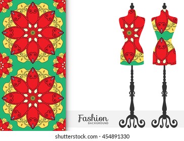 Vector fashion illustration, vintage tailor's dummy for female body, seamless floral geometric pattern, fabric repeating texture. Isolated element for fabric print, scrapbook, invitation cards design