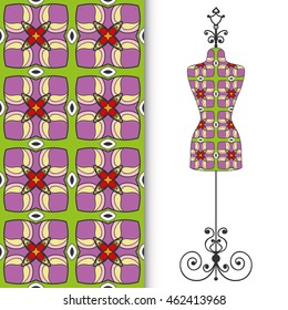 Vector fashion illustration, vintage tailor's dummy for female body, seamless floral geometric pattern, fabric repeating texture. Isolated element for fabric print, scrapbook, invitation cards design