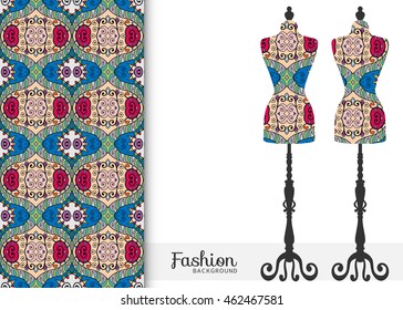 Vector fashion illustration, vintage tailor's dummy for female body, seamless floral geometric pattern, fabric repeating texture. Isolated element for fabric print, scrapbook, invitation cards design