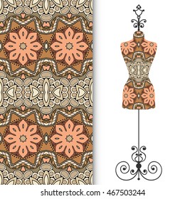 Vector fashion illustration, vintage tailor's dummy for female body, seamless floral geometric pattern, fabric repeating texture. Isolated element for fabric print, scrapbook, invitation cards design