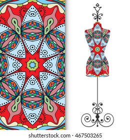 Vector fashion illustration, vintage tailor's dummy for female body, seamless floral geometric pattern, fabric repeating texture. Isolated element for fabric print, scrapbook, invitation cards design