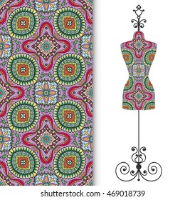 Vector fashion illustration, vintage tailor's dummy for female body, seamless floral geometric pattern, fabric repeating texture. Isolated element for fabric print, scrapbook, invitation cards design