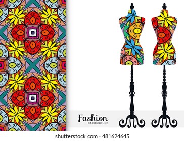 Vector fashion illustration, vintage tailor's dummy for female body, seamless floral geometric pattern, fabric repeating texture. Isolated element for fabric print, scrapbook, invitation cards design