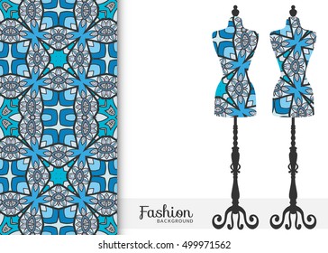 Vector fashion illustration, vintage tailor's dummy for female body, seamless floral geometric pattern, fabric repeating texture. Isolated element for fabric print, scrapbook, invitation cards design