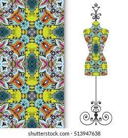 Vector fashion illustration, vintage tailor's dummy for female body, seamless floral geometric pattern, fabric repeating texture. Isolated element for fabric print, scrapbook, invitation cards design