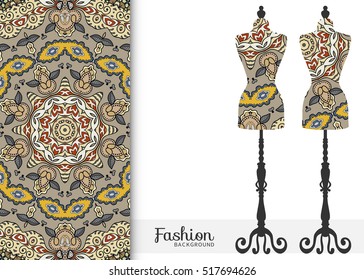 Vector fashion illustration, vintage tailor's dummy for female body, seamless floral geometric pattern, fabric repeating texture. Isolated element for fabric print, scrapbook, invitation cards design