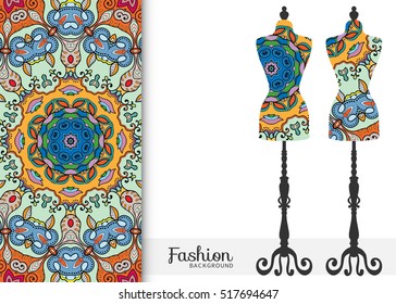 Vector fashion illustration, vintage tailor's dummy for female body, seamless floral geometric pattern, fabric repeating texture. Isolated element for fabric print, scrapbook, invitation cards design