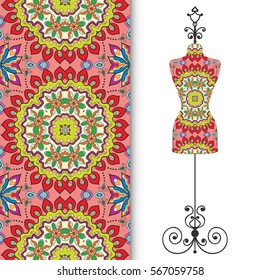 Vector fashion illustration, vintage tailor's dummy for female body, seamless floral geometric pattern, fabric repeating texture. Isolated element for fabric print, scrapbook, invitation cards design