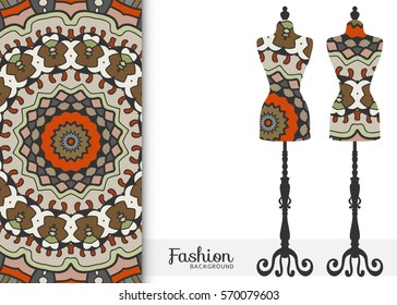 Vector fashion illustration, vintage tailor's dummy for female body, seamless floral geometric pattern, fabric repeating texture. Isolated element for fabric print, scrapbook, invitation cards design