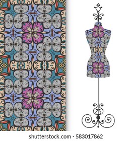 Vector fashion illustration, vintage tailor's dummy for female body, seamless floral geometric pattern, fabric repeating texture. Isolated element for fabric print, scrapbook, invitation cards design