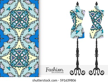 Vector fashion illustration, vintage tailor's dummy for female body, seamless floral geometric pattern, fabric repeating texture. Isolated element for fabric print, scrapbook, invitation cards design