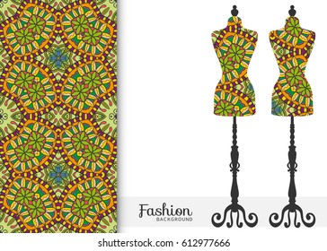 Vector fashion illustration, vintage tailor's dummy for female body, seamless floral geometric pattern, fabric repeating texture. Isolated element for fabric print, scrapbook, invitation cards design