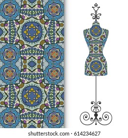 Vector fashion illustration, vintage tailor's dummy for female body, seamless floral geometric pattern, fabric repeating texture. Isolated element for fabric print, scrapbook, invitation cards design