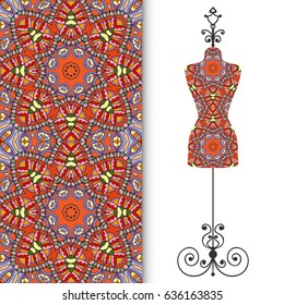 Vector fashion illustration, vintage tailor's dummy for female body, seamless floral geometric pattern, fabric repeating texture. Isolated element for fabric print, scrapbook, invitation cards design