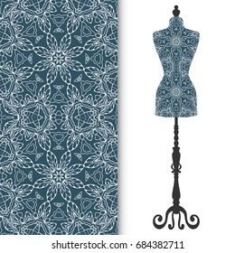Vector fashion illustration, vintage tailor's dummy for female body, seamless floral geometric pattern, fabric repeating texture. Isolated element for fabric print, scrapbook, invitation cards design