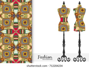 Vector fashion illustration, vintage tailor's dummy for female body, seamless floral geometric pattern, fabric repeating texture. Isolated element for fabric print, scrapbook, invitation cards design