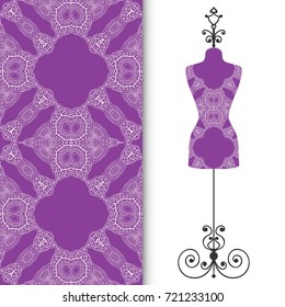 Vector fashion illustration, vintage tailor's dummy for female body, seamless lace geometric pattern, fabric repeating texture. Isolated element for fabric print, scrapbook, invitation cards design