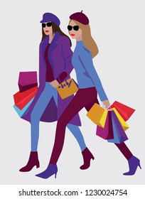 Vector fashion illustration of walking modern pretty trendy girls holding colorful paper bags. Shopping. Sale. Flat graphic